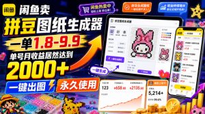 闲鱼卖拼豆图纸生成器,一单1.8-9.9,单号月收益居然达到2000+一键出图永久使用-优创圈