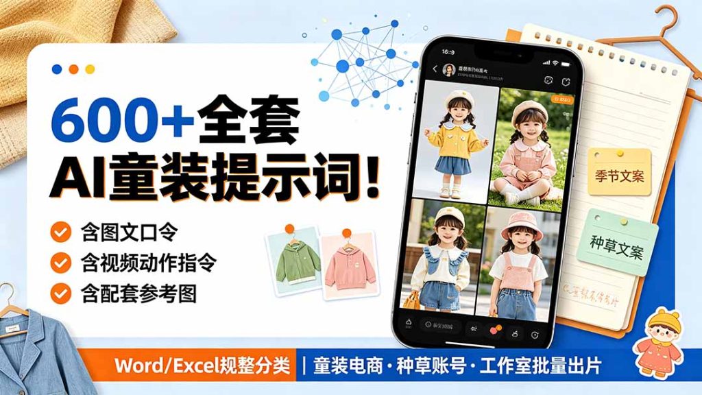 600+全套AI童装提示词!含图文口令+视频动作指令+配套参考图,Word/Excel规整分类,童装电商、种草无脑量产内容-优创圈
