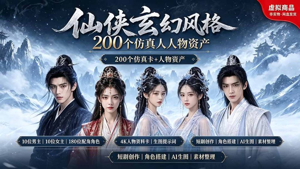 200个仙侠玄幻仿真人素材◆10男主×10女主×180配角,4K资料卡+AI生图提示词,漫剧必备-优创圈