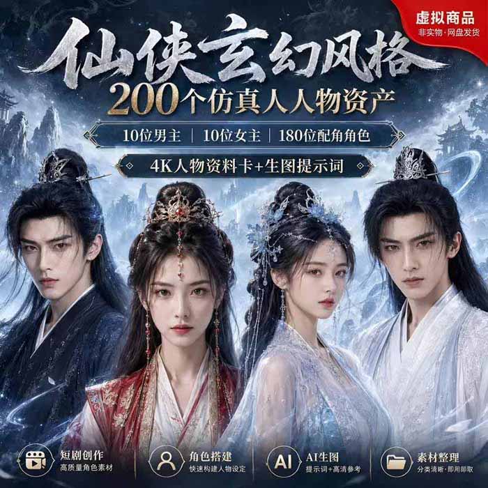 200个仙侠玄幻仿真人素材◆10男主×10女主×180配角,4K资料卡+AI生图提示词,漫剧必备-优创圈