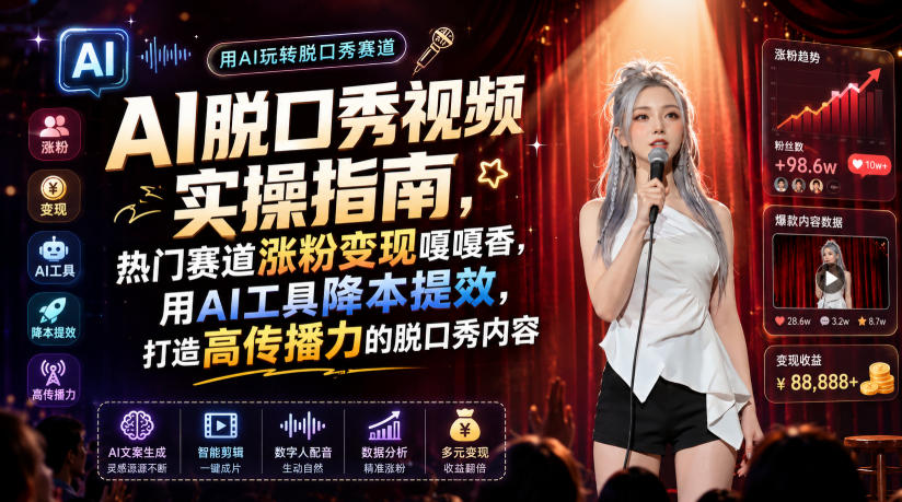 AI脱口秀视频实操指南,热门赛道涨粉变现嘎嘎香,用AI工具降本提效,打造高传播力的脱口秀内容-优创圈