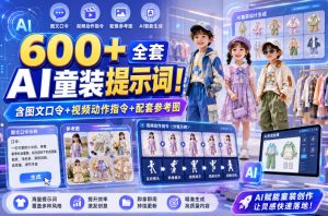 600+全套AI童装提示词!含图文口令+视频动作指令+配套参考图,Word-Excel规整分类,童装电商、种草无脑量产内容!-优创圈