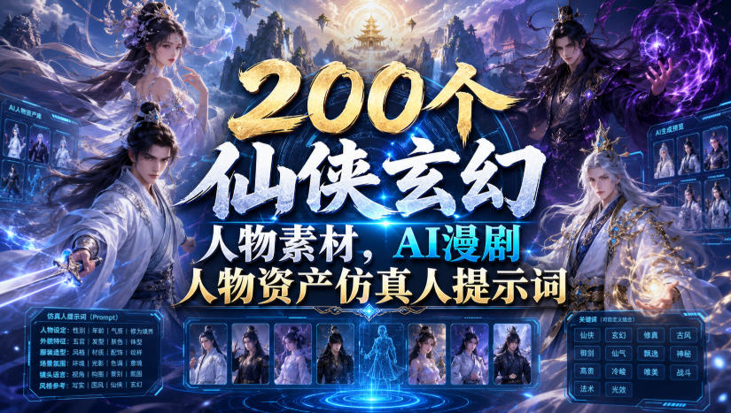200个仙侠玄幻人物素材,AI漫剧人物资产仿真人提示词-优创圈