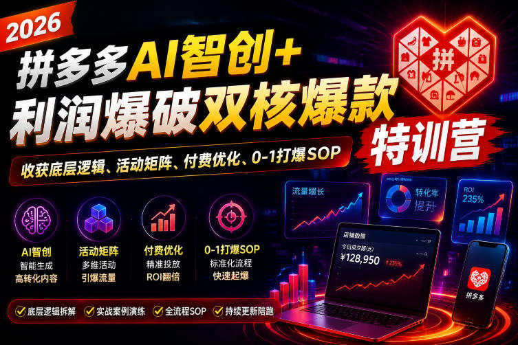 2026拼多多AI智创+利润爆破双核爆款特训营，收获底层逻辑、活动矩阵、付费优化、0-1打爆SOP-优创圈