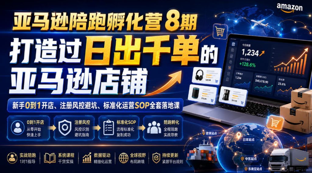 亚马逊陪跑孵化营8期，打造过日出千单的亚马逊店铺，新手0到1开店、注册风控避坑、标准化运营SOP全套落地课-优创圈