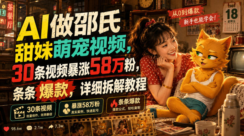 AI做邵氏甜妹萌宠视频，30条视频暴涨58万粉，条条爆款，详细拆解教程-优创圈