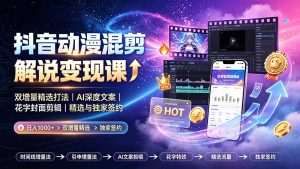 抖音动漫混剪解说变现课:双增量精选打法|AI深度文案|花字封面剪辑| 精选与独家签约日入1000+-优创圈