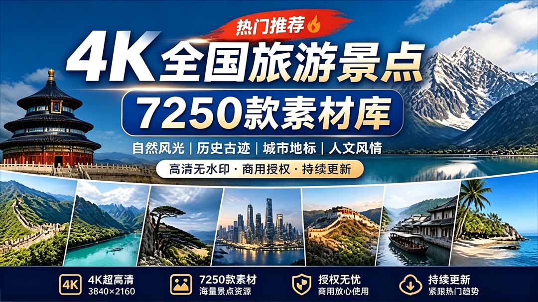 热门全国旅游风景素材！4K全国旅游景点素材库，7250款素材，旅行达人城市航拍风景风光高清短视频
