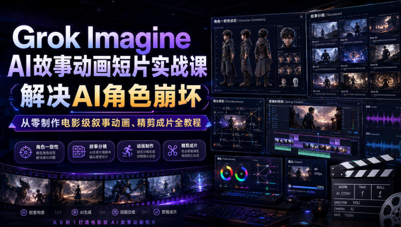 Grok Imagine AI故事动画短片实战课|解决AI角色崩坏,从零制作电影级叙事动画、精剪成片全教程(中英字幕)-优创圈