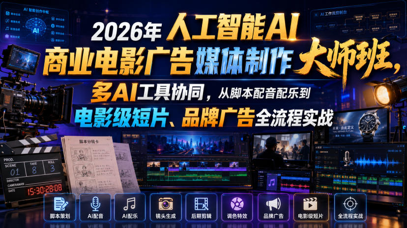 2026年人工智能AI商业电影广告媒体制作大师班,多AI工具协同,从脚本配音配乐到电影级短片、品牌广告全流程实战(中英字幕)-优创圈