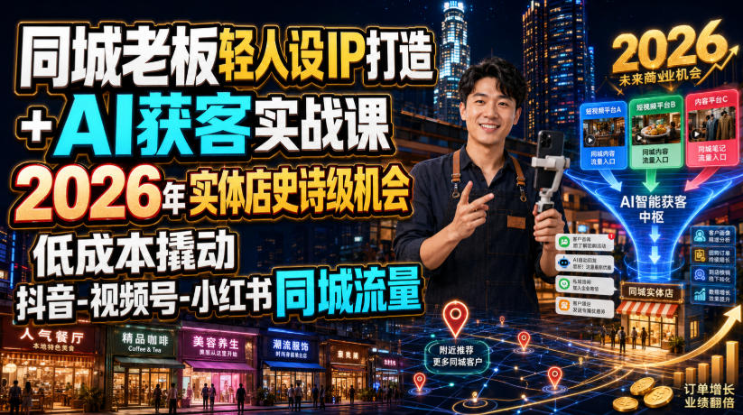 同城老板轻人设IP打造+AI获客实战课,2026年实体店史诗级机会,低成本撬动抖音-视频号-小红书同城流量-优创圈