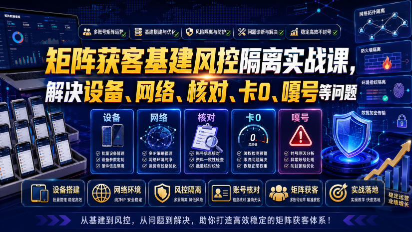 矩阵获客基建风控隔离实战课，解决设备、网络、核对、卡0、嘎号等问题-优创圈
