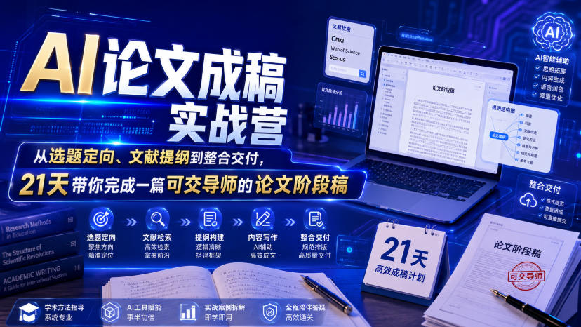 AI论文成稿实战营，从选题定向、文献提纲到整合交付，21天带你完成一篇可交导师的论文阶段稿-优创圈
