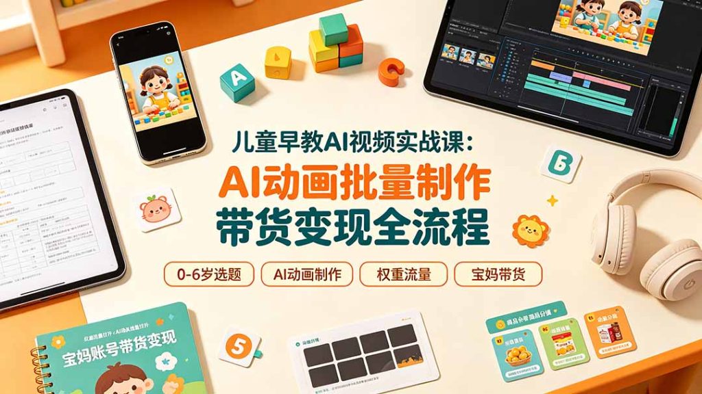 儿童早教AI视频实战课:0-6岁认知选题|AI动画批量制作|权重流量拉升|宝妈账号带货变现全流程-优创圈