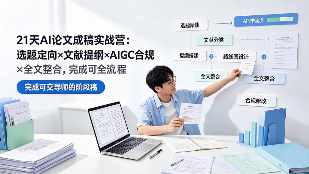 21天AI论文成稿实战营：选题定向×文献提纲×AIGC合规×全文整合，完成可交导师的阶段稿-优创圈