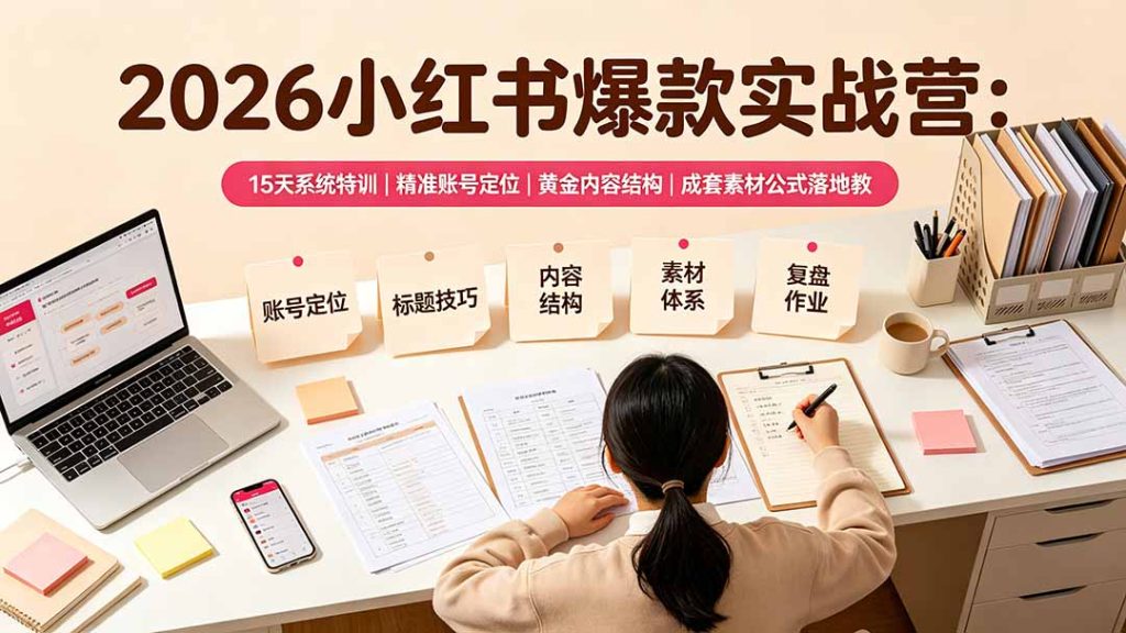 2026小红书爆款实战营：15天系统特训｜精准账号定位｜黄金内容结构｜成套素材公式落地教程-优创圈