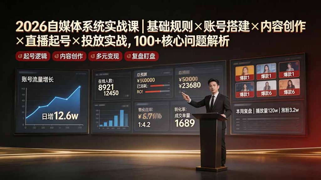 2026自媒体系统实战课｜基础规则×账号搭建×内容创作×直播起号×投放实战，100+核心问题解析-优创圈