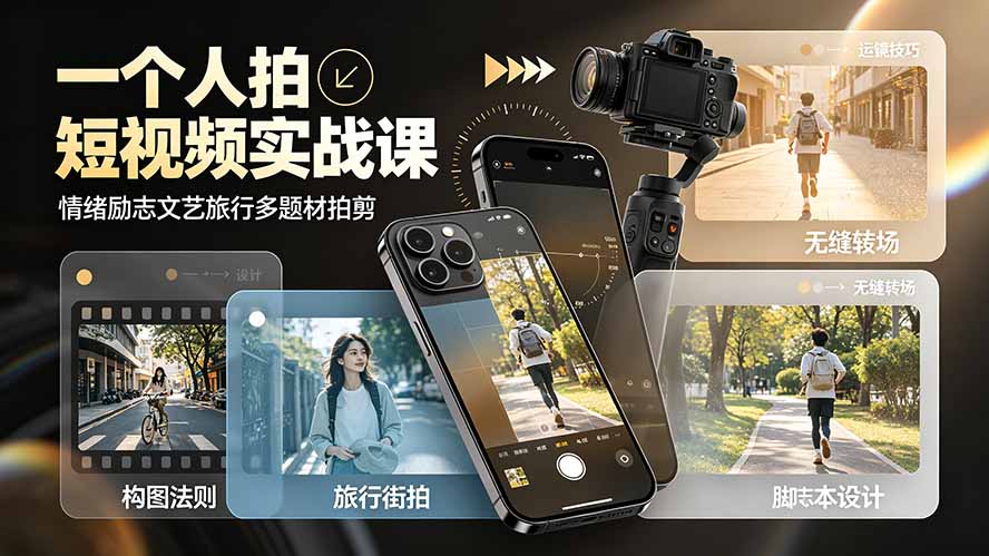 一个人拍短视频实战课:情绪励志文艺旅行多题材×五大景别×黄金构图×八大运镜,从拍摄到成片高效创作-优创圈