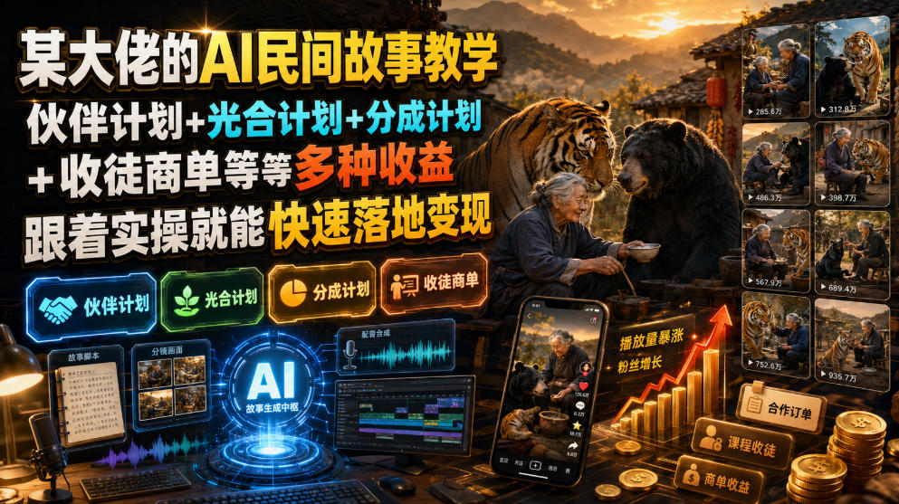 某大佬的AI民间故事教学，伙伴计划+光合计划+分成计划+收徒商单等多种收益，跟着实操就能快速落地变现-优创圈