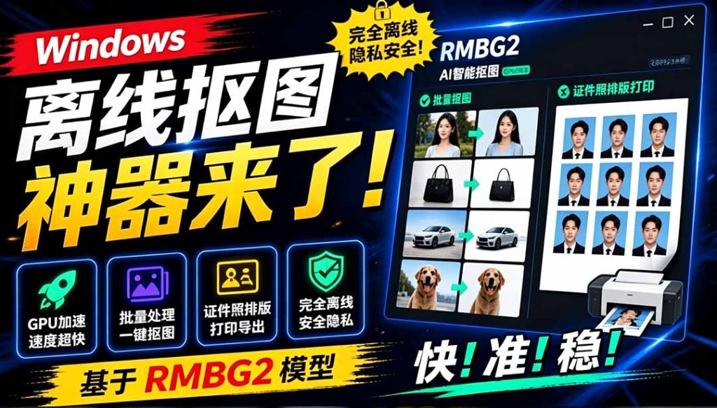 Windows离线抠图神器来了!支持批量抠图 + 证件照排版打印,基于RMBG2模型,GPU加速 方块AI抠图-优创圈