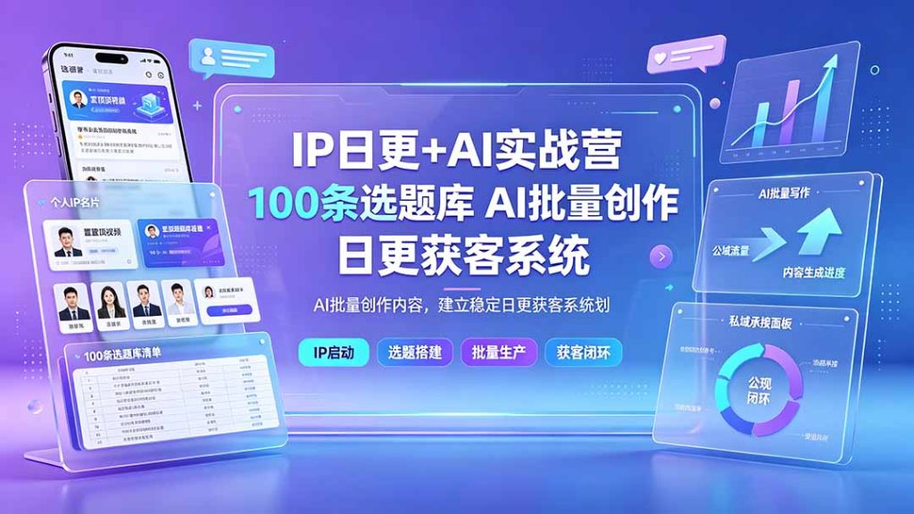 IP日更+AI实战营:IP置顶视频制作×100条选题库搭建×10条日更规划,AI批量创作内容,建立稳定日更获客系统-优创圈