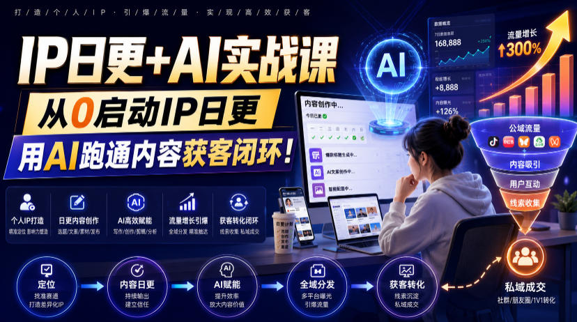 IP日更+AI实战课,从0启动IP日更,IP置顶视频制作+100条选题库搭建+10条日更规划,用AI跑通内容获客闭环!-优创圈