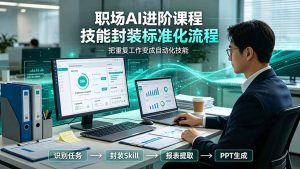 职场AI进阶课程;多类实用Skill工具实操,专属技能封装标准化流程,报表行业报告一键提取核心内容-优创圈