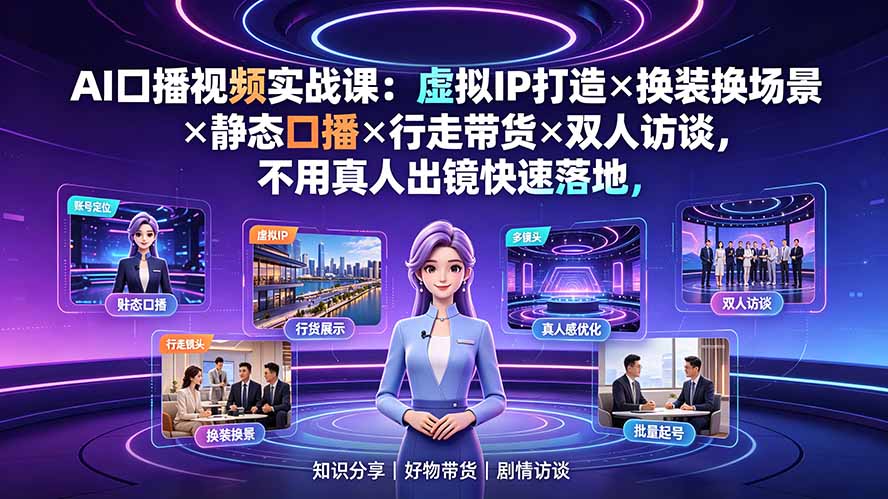 AI口播视频实战课:虚拟IP打造×换装换场景×静态口播×行走带货×双人访谈,不用真人出镜快速落地-优创圈