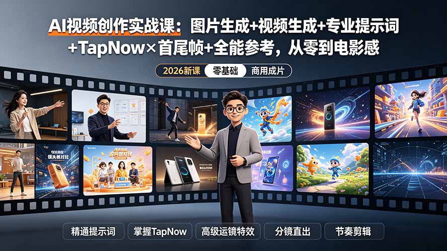 AI视频创作实战课:图片生成+视频生成+专业提示词+TapNow×首尾帧+全能参考,从零到电影感成片-优创圈