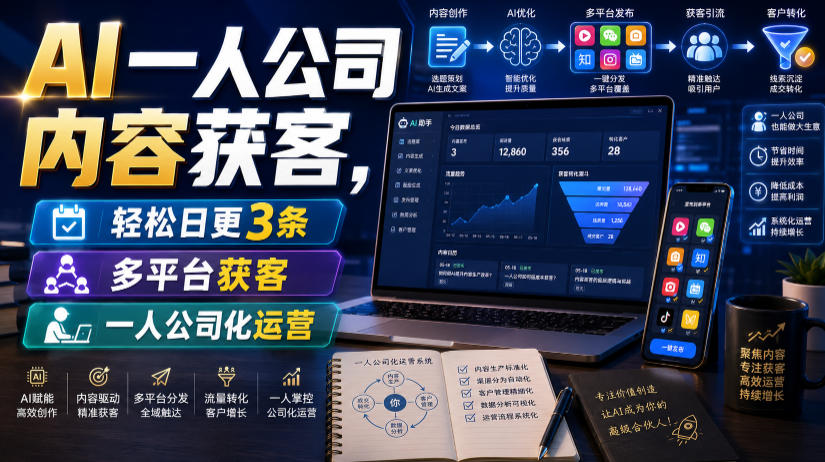 AI一人公司内容获客,轻松日更3条,多平台获客,一人公司化运营(更新)-优创圈