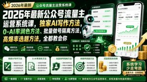 2026年最新公众号流量主运营系统课,独家AI写作方法,0-AI率润色方法、批量做号隔离方法、高爆率选题方法,全都教会你-优创圈