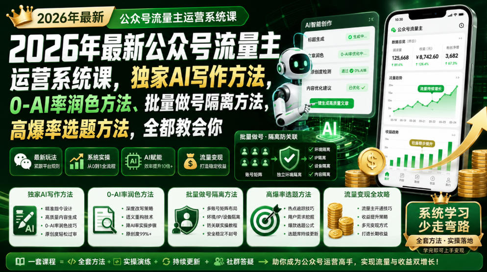 2026年最新公众号流量主运营系统课，独家AI写作方法，0-AI率润色方法、批量做号隔离方法、高爆率选题方法，全都教会你-优创圈