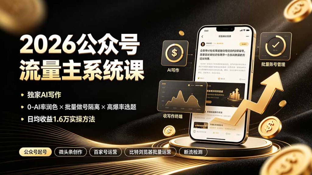 2026公众号流量主系统课:独家AI写作×0-AI率润色×批量做号隔离×高爆率选题,日均收益1.6万实操方法-优创圈