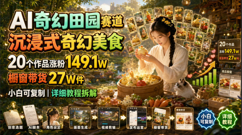 AI奇幻田园赛道,沉浸式奇幻美食,20个作品涨粉149.1W,橱窗带货27W件,小白可复制,详细教程拆解-优创圈