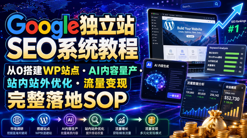 Google独立站SEO系统教程,从0搭建WP站点・AI内容量产・站内站外优化・流量变现完整落地SOP(2026年7月)-优创圈