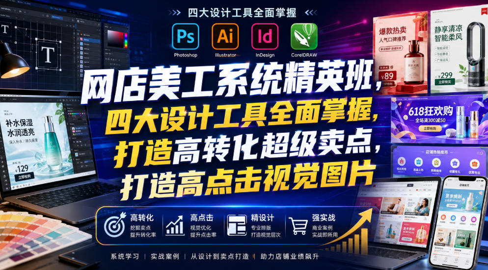 网店美工系统精英班,四大设计工具全面掌握,打造高转化超级卖点,打造高点击视觉图片(2026年7月)-优创圈