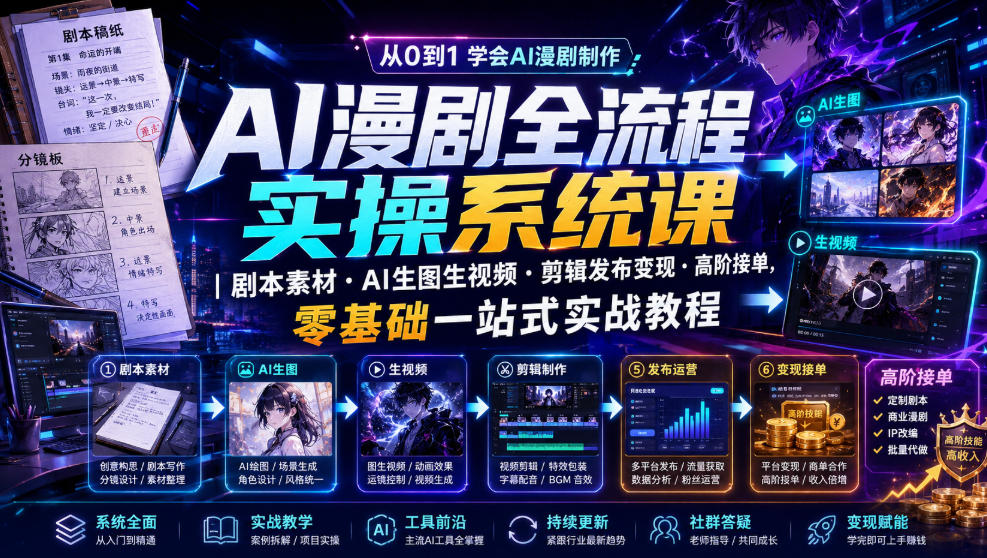 AI漫剧全流程实操系统课|剧本素材・AI生图生视频・剪辑发布变现・高阶接单,零基础一站式实战教程-优创圈