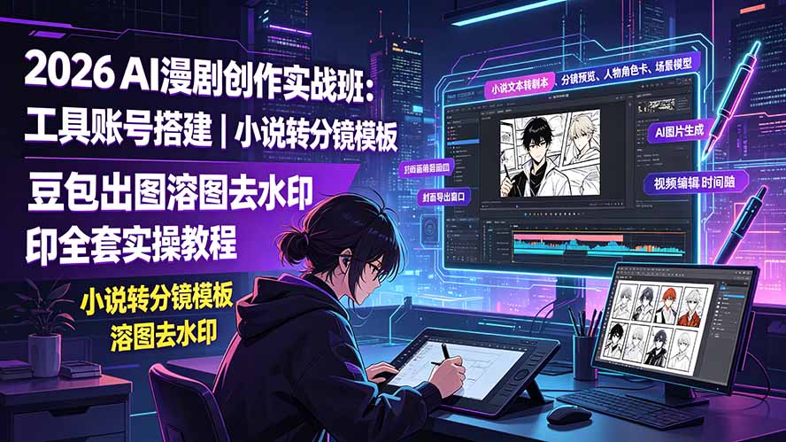 2026AI漫剧创作实战班:工具账号搭建|小说转分镜模板|豆包出图溶图去水印全套实操教程-优创圈