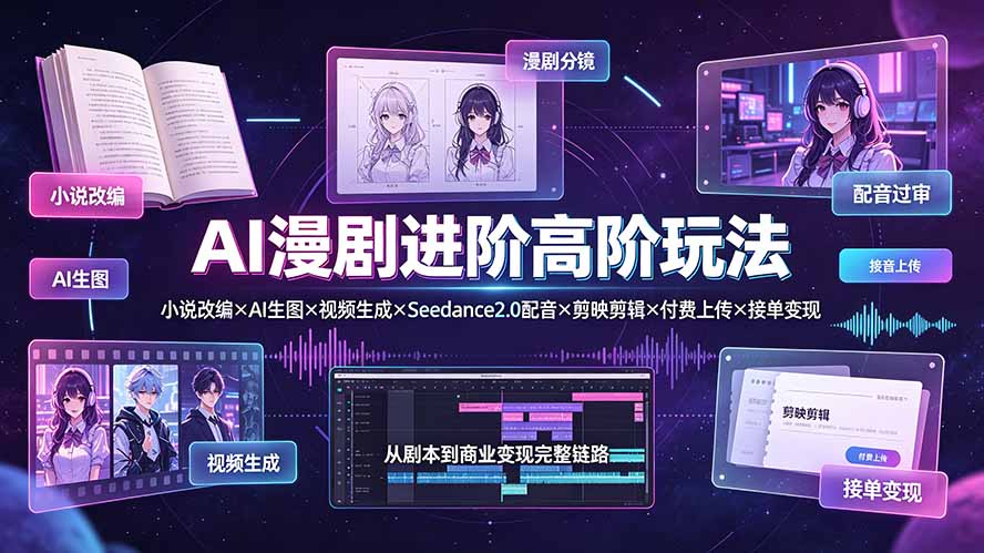 AI漫剧进阶高阶玩法:小说改编×AI生图×视频生成×Seedance2.0配音×剪映剪辑×付费上传×接单变现-优创圈