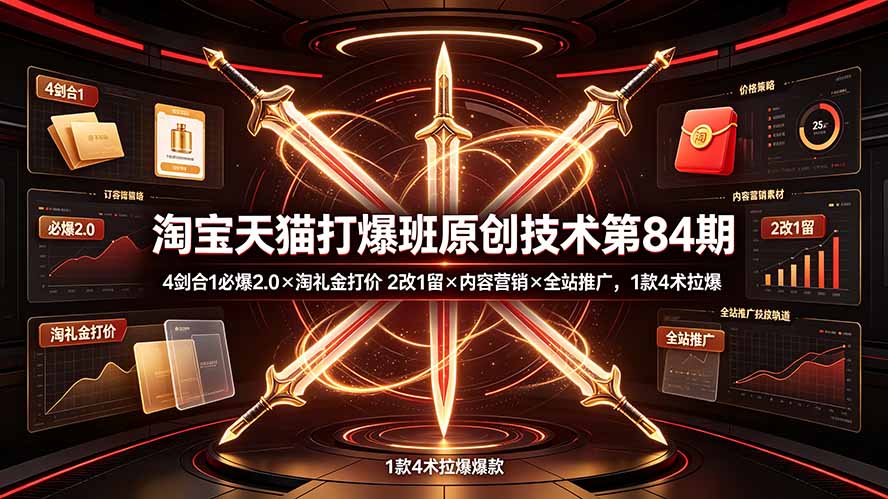 淘宝天猫打爆班原创技术第84期:4剑合1必爆2.0×淘礼金打价×2改1留×内容营销×全站推广,1款4术拉爆-优创圈