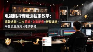 电视剧抖音精选独家教学:爆款选题×二次剪辑×文案配音×版权规避×平台流量规则×持续收益账号-优创圈