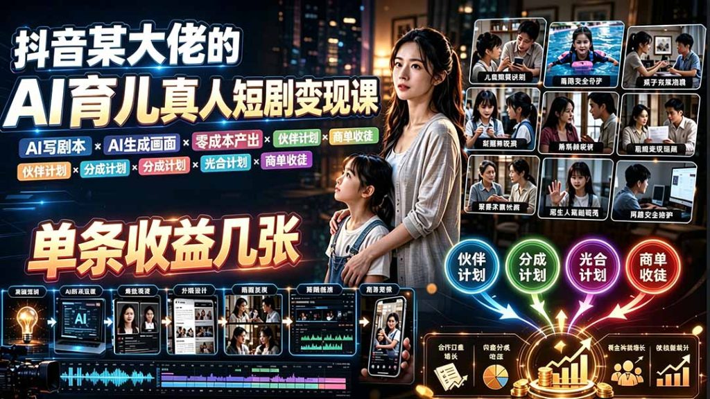 AI育儿真人短剧变现课:AI写剧本×AI生成画面×零成本产出×伙伴计划×分成计划×光合计划×商单收徒-优创圈