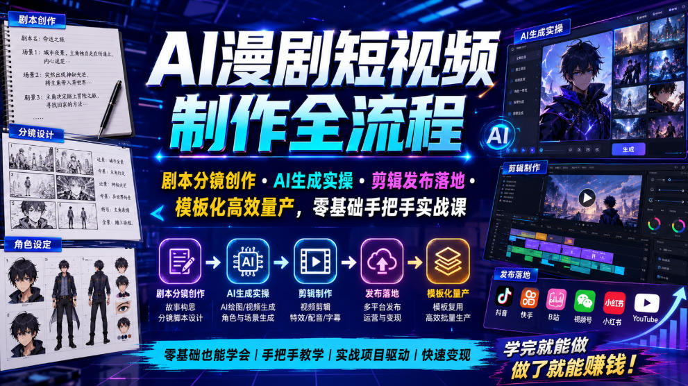 AI漫剧短视频制作全流程|剧本分镜创作・AI生成实操・剪辑发布落地・模板化高效量产,零基础手把手实战课-优创圈