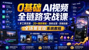 0基础AI视频全链路实战课|多工具实操・20+爆款模板・涨粉运营・剪辑拍摄・全场景变现系统教程-优创圈