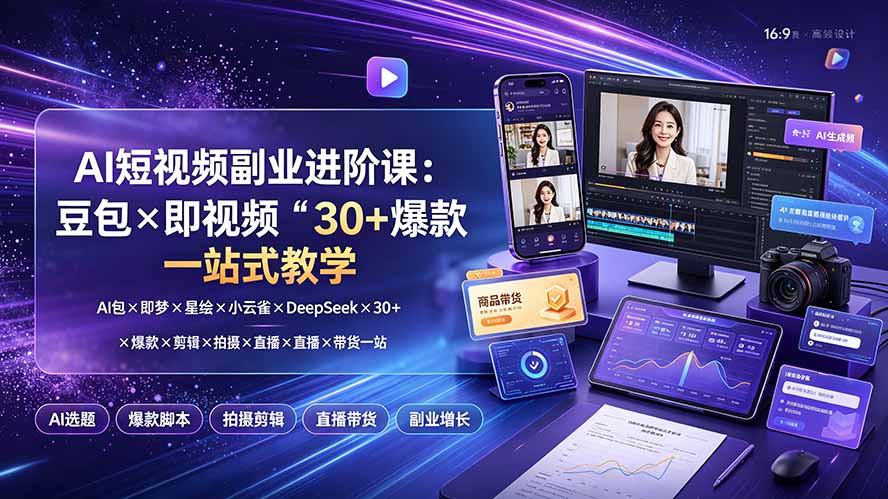 AI短视频副业进阶课:豆包×即梦×星绘×小云雀×DeepSeek×30+爆款×剪辑×拍摄×直播×带货一站式教学