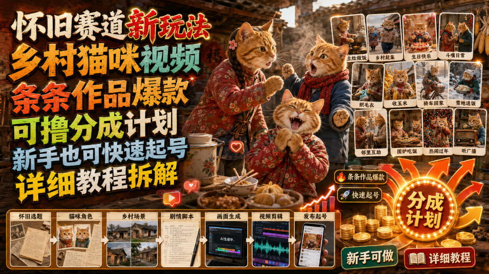 怀旧赛道新玩法,乡村猫咪视频,条条作品爆款,可撸分成计划,新手也可快速起号,详细教程拆解-优创圈