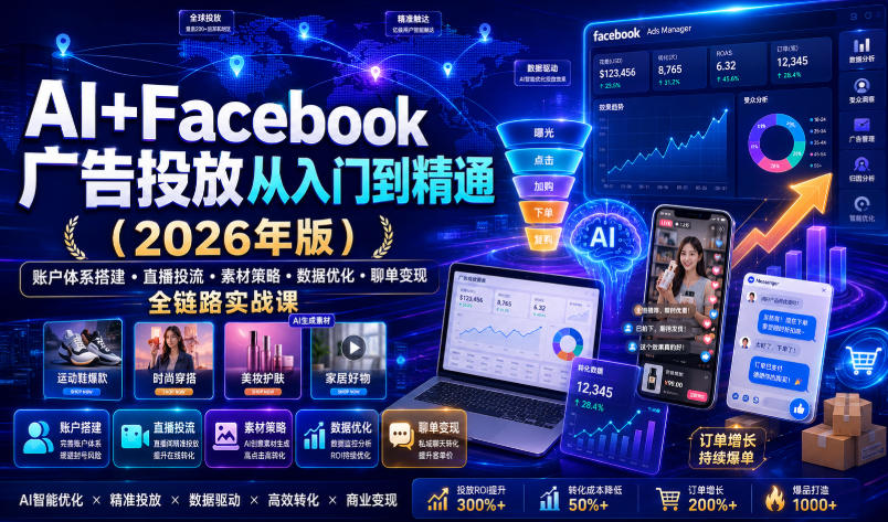 AI+Facebook广告投放从入门到精通(2026年版)|账户体系搭建・直播投流・素材策略・数据优化・聊单变现全链路实战课-优创圈