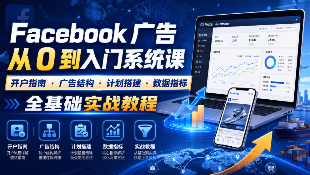 Facebook广告新手从0到入门系统课|开户指南・广告结构・计划搭建・数据指标全基础实战教程-优创圈