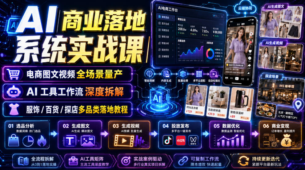 AI商业落地系统实战课|电商图文视频全场景量产・AI工具工作流深度拆解・服饰/百货/探店多品类落地教程-优创圈