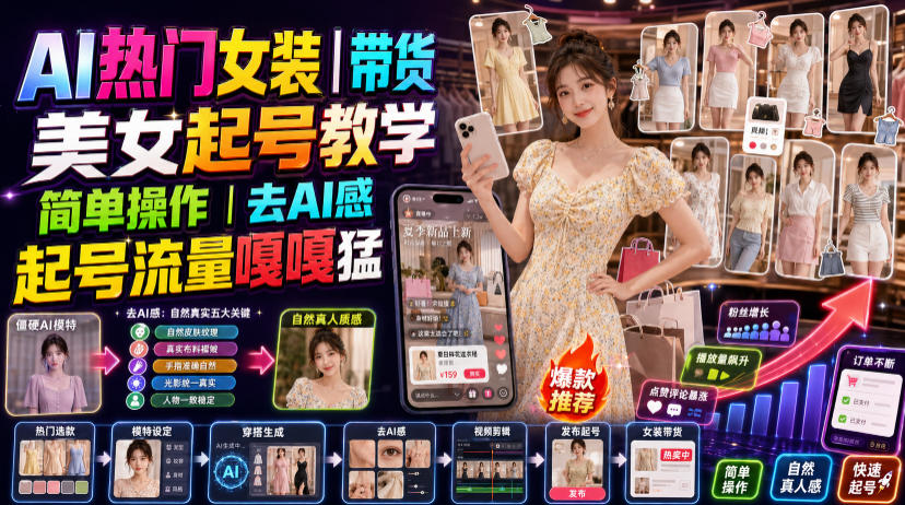 AI热门女装带货丨美女起号教学,简单操作,去AI感,起号流量嘎嘎猛-优创圈